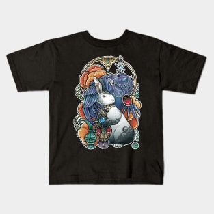 The Rabbit & The Raven - White Outlined Version - No Background Kids T-Shirt